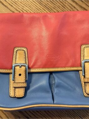 Coach Park Colorblock Leather Foldover Satchel - Red, Blue & Tan Trim